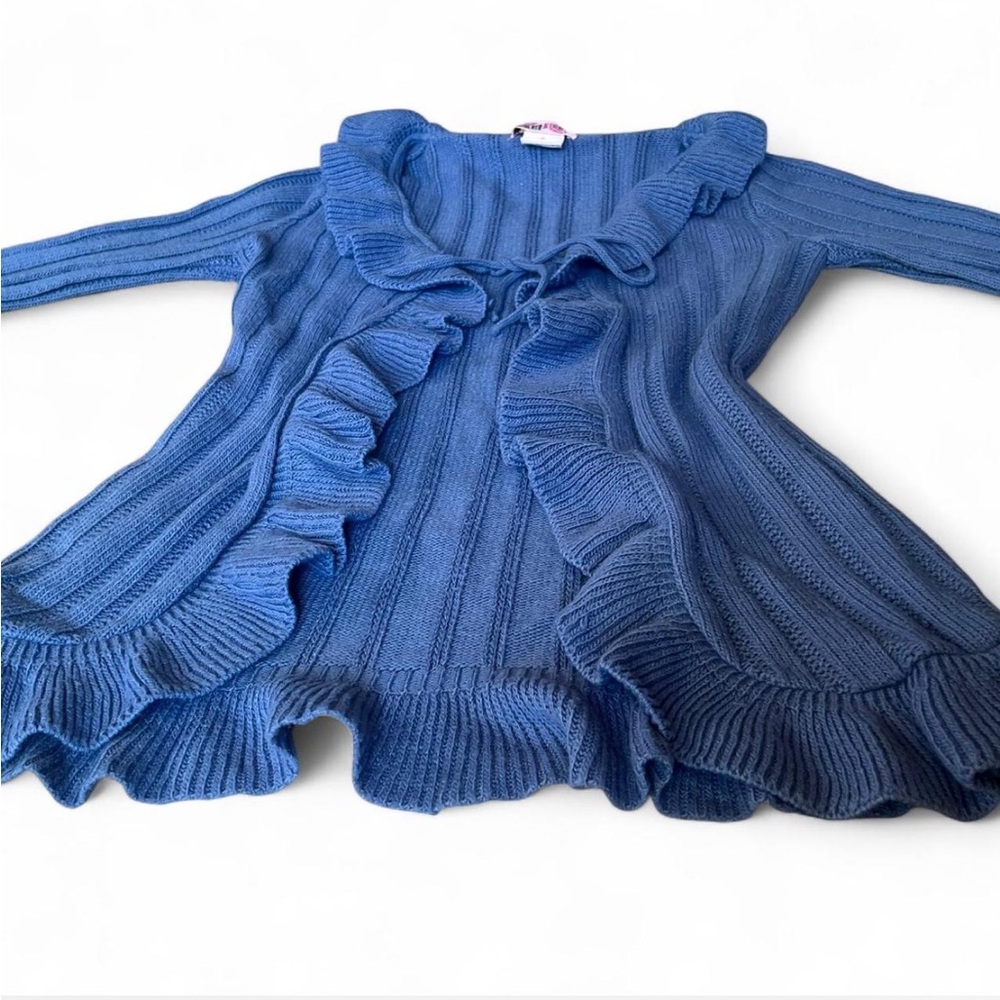 Y2K 90’s Vintage Dusty Blue Ribbed Ruffle Cardigan W/ Optional Tie-Front. - Picture 6 of 10
